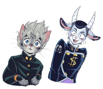 2boys animal_ears animal_hands black_coat blue_eyes blush brown_eyes cat_boy cat_ears coat commentary diamond_wa_kudakenai dollar_sign english_commentary fizzydog furrification furry furry_male goat_boy goat_ears goat_horns green_coat highres hirose_koichi horns jojo_no_kimyou_na_bouken looking_at_another looking_at_viewer male_focus multiple_boys nijimura_okuyasu notice_lines open_mouth smile sparkle whiskers white_background yen_sign