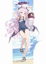 Rule 34 | 1girl, absurdres, bare arms, bare legs, bare shoulders, beach, black horns, black one-piece swimsuit, blue archive, blush, closed mouth, demon horns, full body, grey hair, halo, highres, hina (blue archive), hina (swimsuit) (blue archive), horns, innertube, long hair, midori xu, multiple horns, name tag, ocean, official alternate costume, one-piece swimsuit, purple eyes, sandals, school swimsuit, solo, swim ring, swimsuit