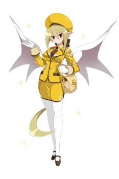 1girl bag blazer blonde_hair brown_shoes demon_girl demon_wings disgaea disgaea_rpg full_body gloves handbag harada_takehito hat jacket long_hair long_sleeves looking_at_viewer low_ponytail mary_janes miniskirt non-web_source official_art pantyhose pencil_skirt photoshop_(medium) pointy_ears ponytail red_eyes salvatore_(disgaea) shiny_clothes shoes skirt solo standing transparent_background v-shaped_eyebrows very_long_hair white_gloves white_pantyhose white_wings wings yellow_hat yellow_jacket yellow_skirt