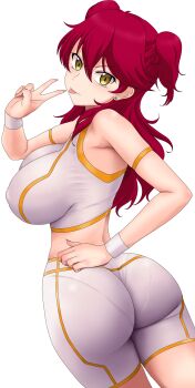 1girl absurdres ass bike_shorts blush breasts commentary_request covered_erect_nipples crop_top earrings freckles from_behind gundam gundam_00 hand_on_own_hip highres jewelry large_breasts long_hair looking_at_viewer looking_back nena_trinity otohukebonne pantylines red_hair simple_background skin_tight smile solo standing two_side_up v white_background yellow_eyes