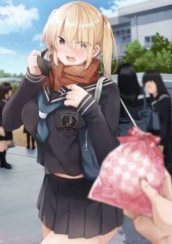 Rule 34 | 1boy, 4girls, bag, black mask, black sailor collar, black serafuku, black skirt, blonde hair, blue neckerchief, blurry, blurry background, blush, breasts, breath, commentary request, day, depth of field, eyes visible through hair, fringe trim, gift, greyscale, hair between eyes, hand up, highres, holding, holding gift, large breasts, long sleeves, looking at viewer, mask, monochrome, mouth mask, multiple girls, neckerchief, nose blush, open mouth, orange scarf, original, outdoors, plaid clothes, plaid scarf, pleated skirt, pov, pov hands, removing mask, ryouma (galley), sailor collar, scarf, school bag, school uniform, serafuku, shirt, skirt, sleeves past wrists, solo focus, twintails, v-shaped eyebrows, valentine