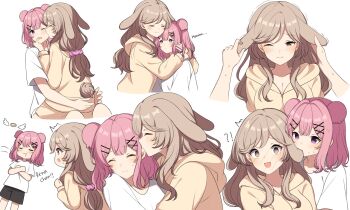 2girls amaori_renako animal_ears biting biting_ear black_shorts blush brown_eyes brown_hair closed_mouth commentary hair_ornament hair_scrunchie hand_in_another&#039;s_hair hashtag-only_commentary highres hiruver hood hoodie hug long_hair medium_hair mouse_ears multiple_girls one_eye_closed pink_hair purple_eyes rabbit_ears rabbit_girl rabbit_tail scrunchie sena_ajisai shirt short_sleeves shorts simple_background sitting sitting_on_lap sitting_on_person tail watashi_ga_koibito_ni_nareru_wake_naijan_murimuri! white_background white_shirt yellow_hoodie yuri