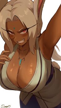 1girl absurdres animal_ears armpit_crease boku_no_hero_academia cosplay cropped_legs facial_mark forehead_mark grin highres japanese_clothes jewelry long_eyelashes long_hair looking_at_viewer mirko naruto_(series) necklace rabbit_ears rabbit_girl shibbunny simple_background smile solo sweat tsunade_(naruto) tsunade_(naruto)_(cosplay)