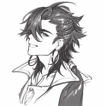 Rule 34 | 1boy, aged down, braid, commentary request, cropped shoulders, dontuskwhy, earrings, greyscale, hair between eyes, highres, hoop earrings, jewelry, long hair, looking at viewer, magi the labyrinth of magic, male focus, monochrome, ponytail, shirt, simple background, sinbad (magi), smile, solo, white background