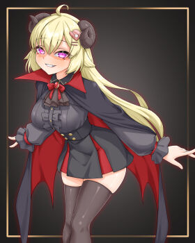 absurdres blonde_hair blush breasts cape commentary_request dark_background evil_smile highres hololive horns jirai_kei large_breasts long_hair looking_at_viewer nyang-kaz outstretched_arms pleated_skirt puffy_sleeves purple_eyes red_ribbon ribbon skirt smile teeth thighhighs thighs tsunomaki_watame vampire_costume virtual_youtuber