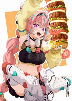 1girl breasts eating food genshin_impact green_hair highres holding holding_food large_breasts long_hair menchi-men multicolored_hair navel pink_hair purple_eyes sitting solo two-tone_hair varesa_(genshin_impact) very_long_hair