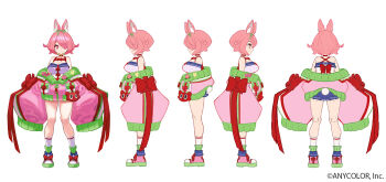 Rule 34 | 1girl, animal ears, azuchi momo, azuchi momo (1st costume), bare shoulders, blue shorts, bow, breasts, reference sheet, choker, closed mouth, copyright name, copyright notice, crop top, full body, green ribbon, green scrunchie, hair over one eye, hair ribbon, jacket, large breasts, long sleeves, looking at viewer, multicolored jacket, multiple views, navel, nijisanji, off shoulder, official art, oversized clothes, pink eyes, pink hair, pink jacket, rabbit ears, rabbit tail, red bow, red choker, ribbon, scrunchie, second-party source, shirt, shoes, short shorts, shorts, simple background, sleeveless, sleeves past fingers, sleeves past wrists, smile, sneakers, socks, tachi-e, tail, virtual youtuber, white background, white shirt, white socks, wrist scrunchie, yuuki (irodo rhythm)