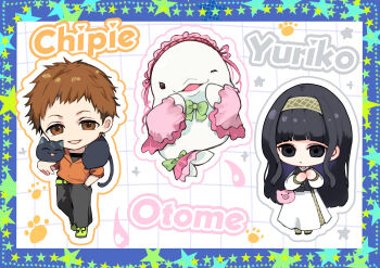 1boy 2girls absurdres animal animal_around_neck animal_bag belt beluga_whale black_cape black_hair black_pants blue_border border bow bowtie brown_eyes brown_hair cape character_name chibi chipie_(gnosia) commentary_request dress frilled_headwear frown full_body gnosia green_belt green_bow green_bowtie green_shoes grid_background hairband hand_in_pocket hands_up highres koyuuuuuuuuuuu long_hair looking_at_viewer multiple_girls one_eye_closed open_mouth orange_shirt otome_(gnosia) outline pants pawpads pig pink_headdress pink_sleeves shirt shoes short_hair short_sleeves sidelocks simple_background smile star_(symbol) white_background white_dress yuriko_(gnosia)