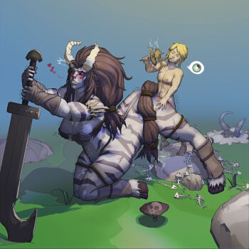 2017 abs age_difference armor ass blonde_hair blue_eyes bone bottomless breasts cleavage completely_nude cum cum_overflow fish_skeleton grin heart highres hooves horns interspecies link lynel mask maximoose monster monster_girl mount muscular muscular_female navel nintendo nipple_slip nipples nude orgasm red_eyes scar sex single_horn size_difference smile sword the_legend_of_zelda the_legend_of_zelda:_breath_of_the_wild video_game weapon wrist_wrap