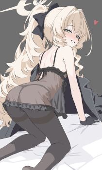 1girl all_fours ass bent_over blonde_hair blue_archive come_hither from_behind green_eyes grin half-closed_eyes halo heart highres kamitosayu legs loli long_hair looking_at_viewer looking_back naughty_face professor_niyaniya_(blue_archive) seductive_smile see-through_clothes smile solo thighs thong yellow_halo