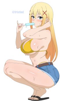 1girl absurdres adjusting_hair alternate_costume bikini blonde_hair blue_eyes blue_shorts blush breasts darkness_(konosuba) denim denim_shorts feet food food_in_mouth frixtied from_side full_body hair_ornament hands_up highres kono_subarashii_sekai_ni_shukufuku_wo! large_breasts long_hair looking_at_viewer navel pink_nails popsicle popsicle_in_mouth sandals short_shorts shorts simple_background solo squatting string_bikini sweat swimsuit thighs twitter_username white_background x_hair_ornament yellow_bikini