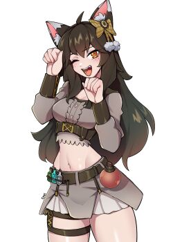 1girl ahoge animal_ear_fluff animal_ears belt black_belt black_hair bottle bow breasts brown_bow cat_ears cat_girl choppy_bangs commentary commission cowboy_shot english_commentary freckles grey_shirt grey_skirt hair_bow hands_up highres large_breasts long_hair long_sleeves looking_at_viewer midriff miniskirt navel one_eye_closed oninuer open_mouth orange_eyes original paw_pose potion shirt simple_background skirt smile solo thigh_strap thighs white_background