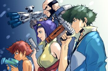 2boys 2girls absurdres beard black_hair breasts brown_eyes brown_hair clothes_around_waist commentary_request cowboy_bebop edward_wong_hau_pepelu_tivrusky_iv facial_hair faye_valentine glock green_eyes green_hair gun hair_intakes hairband handgun high_collar highres holding holding_gun holding_weapon jet_black large_breasts multiple_boys multiple_girls necktie orange_hair profile purple_hair shirt short_hair sleeveless sleeveless_shirt smile spike_spiegel tobalin weapon yellow_hairband yellow_shirt