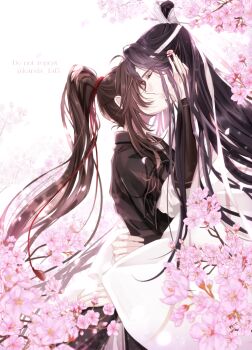 Rule 34 | 2boys, ahoge, bishounen, black hair, black hanfu, branch, brown hair, cherry blossoms, chinese clothes, closed eyes, commentary request, couple, falling petals, flower, from side, hair ribbon, hand in another's hair, hand on another's cheek, hand on another's face, hand on another's hip, hanfu, headband, height difference, high ponytail, highres, hug, kanda faf2, kiss, lan wangji, long hair, long sleeves, male focus, modao zushi, multiple boys, petals, pink flower, pink petals, ponytail, profile, red ribbon, ribbon, robe, sidelocks, standing, topknot, tree, twitter username, upper body, very long hair, wei wuxian, white background, white hanfu, white headband, wide sleeves, xiao guan (headdress), yaoi