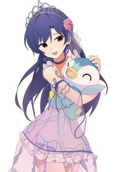 1girl absurdres blue_choker blue_hair brown_eyes ch2haya_p choker commentary cowboy_shot crossover dress flower gen_4_pokemon hair_flower hair_ornament highres holding holding_pokemon idolmaster idolmaster_(classic) kisaragi_chihaya long_hair nintendo open_mouth pink_flower piplup pokemon pokemon_(creature) simple_background solo standing symbol-only_commentary tiara white_background