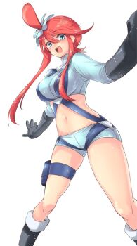 1girl artist_request blue_eyes boots breasts crop_top gloves large_breasts long_hair long_sleevess mid_riff nintendo pokemon pokemon_bw red_hair short_shorts shorts skyla_(pokemon) suspenders teeth thigh_strap upper_teeth_only white_background