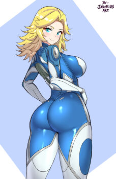 1girl ass ass_focus blonde_hair blue_eyes blush bodysuit breasts from_behind gloves highres huge_ass jarckius large_breasts long_hair looking_at_viewer looking_back marvel marvel_rivals multicolored_bodysuit sideboob skin_tight smile solo sue_storm two-tone_bodysuit