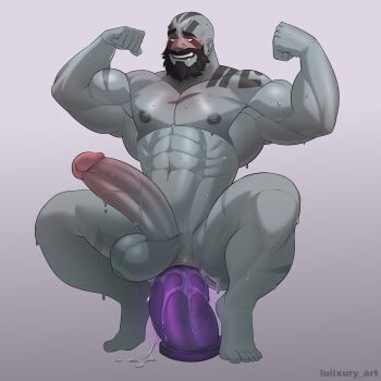 1boy absurdres anal anal_object_insertion armpits bald bara beard blush colored_skin completely_nude critical_role dildo dildo_riding double_biceps_pose drooling dungeons_&amp;_dragons erection facial_hair facial_tattoo flexing full_body gradient_background grey_skin grog_strongjaw highres huge_penis luiixury_art male_focus male_penetrated mature_male mouth_drool muscular muscular_male mustache naughty_face navel nipples nude object_insertion pectorals penis saliva sex_toy shoulder_tattoo simple_background solo squatting strongman_waist sweat tattoo testicles the_legend_of_vox_machina thick_beard thick_eyebrows thick_mustache uncensored
