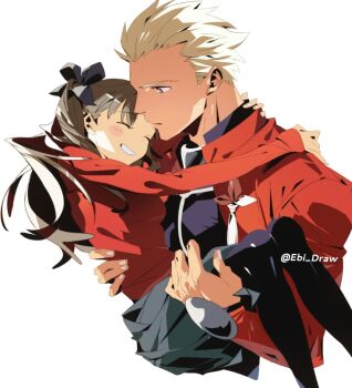 Rule 34 | 1boy, 1girl, archer (fate), brown hair, carrying, closed eyes, commentary, dark-skinned male, dark skin, ebi draw, fate/stay night, fate (series), hetero, highres, long hair, princess carry, shrug (clothing), skirt, smile, tohsaka rin, twintails, untranslatable commentary, white hair