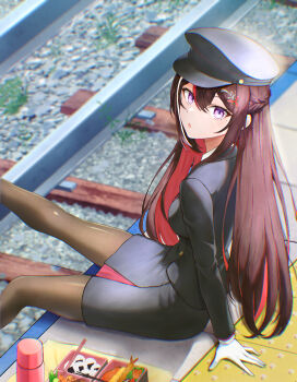 1girl :o absurdres alternate_costume azki_(hololive) bento black_hair black_jacket black_pantyhose black_skirt blazer braid brown_hair colored_inner_hair food formal_clothes gloves hair_between_eyes hair_ornament hairclip half_updo hat highres hololive jacket long_hair long_sleeves looking_at_viewer multicolored_hair official_alternate_hair_length official_alternate_hairstyle open_mouth pantyhose peaked_cap pencil_skirt pink_hair purple_eyes railroad_tracks red_hair shrimp sidelocks sitting skirt skirt_suit solo streaked_hair suit thermos virtual_youtuber vmerin white_gloves white_hair