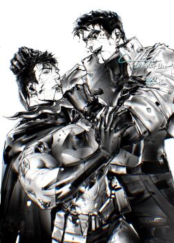 bat_signal batman batman_(series) batman_symbol black_bodysuit black_gloves black_hair blood bodysuit brown_jacket bruce_wayne cowl dc_comics domino_mask eye_mask gloves grey_bodysuit highres holding holding_knife holding_weapon jacket jason_todd knife male_focus mask multicolored_bodysuit multiple_boys muscular muscular_male open_clothes pants red_hood_(dc) reverse_grip saika78649750 short_hair superhero_costume taut_bodysuit two-tone_bodysuit weapon western_comics_(style)