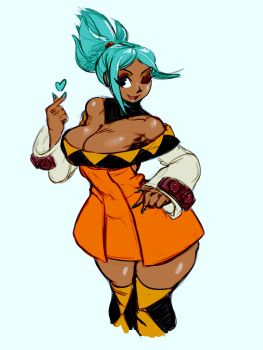 1girl 2024 absurdres beckoning black_collar black_eyes black_thighhighs black_trim breasts cerebella_(skullgirls) cleavage collar commentary cowboy_shot dark-skinned_female dark_skin detached_collar detached_sleeves dress english_commentary eyeshadow female_focus green_hair green_lips green_nails hand_up happy heart high_ponytail highres large_breasts legs_apart long_hair makeup makof4ce one_eye_closed open_mouth orange_dress orange_scrunchie orange_thighhighs parted_bangs ponytail purple_eyeshadow scrunchie skullgirls solo standing thick_thighs thighhighs thighs two-tone_thighhighs white_sleeves wink