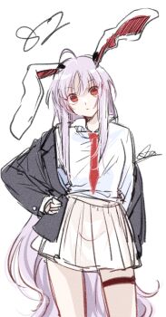 Rule 34 | 1girl, animal ears, blazer, closed mouth, collared shirt, commentary request, hand on own hip, highres, jacket, long hair, long sleeves, looking at viewer, necktie, pink skirt, purple hair, rabbit ears, rabbit girl, red eyes, red necktie, reisen udongein inaba, shirt, signature, simple background, skirt, solo, souta (karasu no ouchi), thigh strap, touhou, very long hair, white background, white shirt