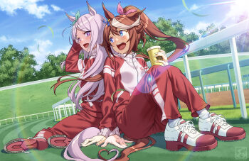 2girls animal_ears aqua_bow blue_eyes blue_sky blush bow brown_hair cloud commentary_request cup disposable_cup ear_bow ear_ribbon fence grass hair_between_eyes high_ponytail holding holding_cup horse_ears horse_girl horse_tail jacket long_hair long_sleeves mejiro_mcqueen_(umamusume) multicolored_hair multiple_girls open_mouth outdoors pairan pants ponytail purple_eyes purple_hair red_jacket red_pants red_track_suit shoes sitting sky smile socks streaked_hair tail teeth tokai_teio_(umamusume) tracen_training_uniform track_jacket track_pants track_suit tree two-tone_hair umamusume upper_teeth_only white_hair white_socks