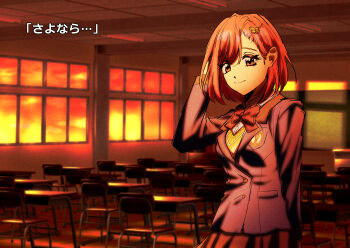 1girl 2000s_(style) absurdres arm_behind_head black_bow black_bowtie black_skirt blazer blue_jacket blurry blurry_background bow bowtie buttons classroom closed_mouth clover_hair_ornament collared_shirt commentary_request double-breasted fake_screenshot four-leaf_clover_hair_ornament hair_behind_ear hair_between_eyes hair_ornament highres indoors jacket lapels looking_at_viewer notched_lapels orange_eyes parody parted_bangs pink_hair pleated_skirt protagonist_(tokimemo_gs4) sasar1211 sayonara_wo_oshiete school_uniform shirt short_hair skirt smile solo sunset sweater_vest tokimeki_memorial tokimeki_memorial_girl&#039;s_side tokimeki_memorial_girl&#039;s_side_4th_heart translated upper_body visual_novel white_shirt yellow_sweater_vest