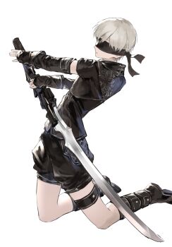 1boy 9s_(nier:automata) absurdres baggy_shorts bare_legs bishounen black_boots black_gloves black_shirt black_shorts blindfold boots covered_eyes elbow_gloves fingerless_gloves full_body gloves highres holding holding_sword holding_weapon honseie knee_boots male_focus nier:automata nier_(series) print_shirt prototype_design reverse_grip shirt short_hair shorts simple_background solo sword thigh_strap type-4o_sword weapon white_background white_hair