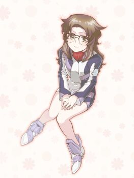 1girl alvis_uniform ankle_boots ascot boots brown_eyes brown_hair commentary_request cropped_jacket dress full_body glasses kuramae_karin long_hair looking_at_viewer nagi_(exsit00) red_ascot short_dress simple_background sitting smile solo soukyuu_no_fafner white_background white_dress