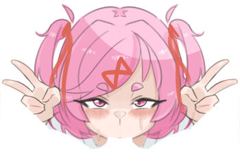 Rule 34 | 1boy, 1girl, absurdres, blank censor, blush, censored, commentary, doki doki literature club, double v, emiillb, english commentary, fellatio, hair ribbon, hetero, highres, lips, looking at viewer, medium hair, natsuki (doki doki literature club), oral, pink eyes, pink hair, red ribbon, ribbon, rorschach, shirt, short twintails, simple background, solo focus, suggestive gesture, sweat, twintails, v, white background, white shirt