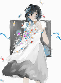 1girl apron artist_name black_hair bracelet candy dress feet_out_of_frame food grey_dress hand_up highres holding holding_food jewelry looking_at_viewer original signature sleeveless sleeveless_dress solo standing sugarlisu white_apron
