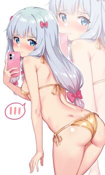 1girl absurdres ass back bare_arms bare_shoulders bikini blue_eyes blush bow breasts butt_crack cellphone closed_mouth cowboy_shot embarrassed eromanga_sensei from_behind gold_bikini grey_hair hair_bow halterneck highres holding holding_phone izumi_sagiri leaning_forward linatai loli long_hair looking_at_viewer looking_back low-tied_long_hair multiple_views phone pink_bow selfie side-tie_bikini_bottom sideboob simple_background small_breasts smartphone solo spoken_blush standing string_bikini sweatdrop swimsuit white_background zoom_layer