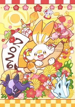 2026 alternate_color calyrex calyrex_(rider) coin comfey commentary_request espurr flower food fruit gen_6_pokemon gen_7_pokemon gen_8_pokemon glastrier gokuaku_rabbit hammer highres holding legendary_pokemon nintendo open_mouth orange_(fruit) paintbrush pink_flower pokemon pokemon_(creature) pokemon_focus red_flower rowlet scorbunny shiny_pokemon smile spectrier sun tinkaton twitter_username yellow_eyes yellow_flower