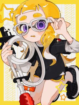 1girl black_shirt black_shoes blonde_hair border commentary_request dolphin_shorts goo_tuber_(splatoon) grid_background highres holding holding_weapon inkling inkling_girl inkling_player_character long_hair nintendo open_mouth outside_border pointy_ears purple_eyes sabata_saba shirt shoes shorts solo sparkle splatoon_(series) splatoon_3 star_(symbol) sweat tentacle_hair thick_eyebrows wavy_mouth weapon yellow_border yellow_trim