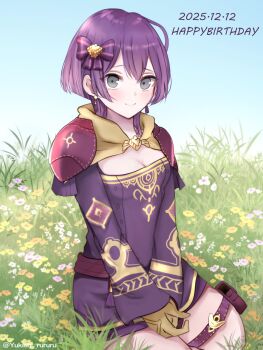 Rule 34 | 1girl, armor, bernadetta von varley, bernadetta von varley (timeskip), blush, bow, breasts, cleavage, cleavage cutout, closed mouth, clothing cutout, commentary request, dated, dress, earrings, english text, fire emblem, fire emblem: three houses, flower, gloves, grass, grey eyes, hair bow, hair ornament, happy birthday, highres, jewelry, long sleeves, looking at viewer, nintendo, on grass, outdoors, pauldrons, pink flower, pouch, purple bow, purple dress, purple hair, seiza, short hair, shoulder armor, sitting, small breasts, smile, solo, thigh pouch, thigh strap, thighs, twitter username, yellow flower, yellow gloves, yukichi (yukichi rururu)