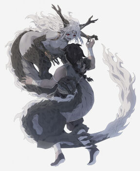 Rule 34 | 1girl, 1other, absurdres, black hair, black scales, braid, breasts, colored skin, dragon girl, forked tongue, grey skin, highres, horns, long hair, medium breasts, monster girl, nipples, original, red eyes, simple background, single braid, slit pupils, tongue, tongue out, very long hair, white hair, zhu fun