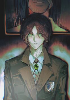 1boy beard_stubble bolo_tie brown_hair brown_jacket collared_shirt eren_yeager erenjaeger47993 facial_hair green_eyes hair_between_eyes highres jacket male_focus parted_bangs picture_frame portrait shingeki_no_kyojin shirt short_hair solo stubble suit_jacket survey_corps_(emblem) upper_body white_shirt