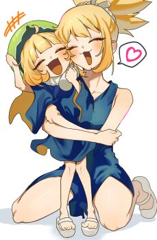 2girls :3 :d aged_down blonde_hair blue_dress blunt_bangs blush child closed_eyes collarbone commentary_request dr._stone dress food fruit full_body happy hat heart highres hug kohaku_(dr._stone) mask mask_on_head mother_and_daughter multiple_girls open_mouth peperonnronna ponytail rope rope_around_neck sandals short_hair siblings simple_background smile spoken_heart suika_(dr.stone) watermelon white_background white_rope