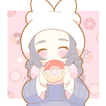 1girl ^_^ ansha_(pokemon) blush_stickers closed_eyes closed_mouth coat commentary_request donut food hat highres holding holding_donut holding_food long_sleeves nintendo patterned_background pink_scarf pokemon pokemon_legends:_z-a scarf smile solo tyanyoi_zzz white_hat winter_clothes winter_coat