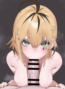 1boy 1girl absurdres ahoge bar_censor black_hair blonde_hair blush breasts censored dooby ear_piercing earrings facial_tattoo fellatio green_eyes hair_between_eyes hair_ornament highres indie_virtual_youtuber jewelry large_breasts looking_at_viewer multicolored_hair nipples oral penis piercing pov raigyo_(mk48torpedo) short_hair star_(symbol) star_earrings star_hair_ornament star_tattoo streaked_hair tattoo