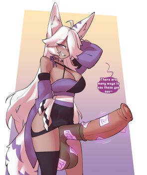1futa animal_ears animal_penis arm_behind_head bare_shoulders blush borvar bra breasts choker cleavage commission cross-laced_bra detached_sleeves earrings english_text erection fox_ears fox_tail full-package_futanari futanari hair_over_one_eye half-closed_eye highres horse_penis huge_penis huge_testicles inari_(mofumancer) jewelry large_breasts long_bangs long_hair looking_at_viewer multicolored_bra non-web_source ofuda ofuda_earrings ofuda_on_penis original penis purple_choker purple_eyes purple_sleeves sash simple_background solo speech_bubble standing tail teeth testicles underwear white_hair white_sash white_tail