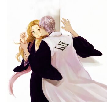 1boy 1girl against_wall bleach blonde_hair breasts closed_eyes commentary_request explosive eyelashes grenade grey_hair hachiya_nanao half-closed_eye haori hetero holding_another's_wrist ichimaru_gin japanese_clothes jewelry large_breasts lips matsumoto_rangiku mole mole_under_mouth necklace parted_lips shihakusho taichou_haori