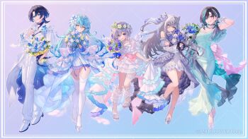 Rule 34 | 5girls, ahoge, amane kanata, black hair, blue hair, bouquet, dress, flower, frilled skirt, frilled sleeves, frills, green hair, grey hair, highres, hiodoshi ao, hololive, hololive dev is, hololive indonesia, jacket, long hair, looking at viewer, multicolored hair, multiple girls, pants, rin31153336, rindo chihaya, short hair, skirt, thighhighs, two-tone hair, vestia zeta, virtual youtuber, wedding dress, white dress, white jacket, white pants, yukihana lamy
