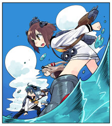 Rule 34 | 4girls, adapted turret, amatsukaze (kancolle), binoculars, black choker, black pantyhose, black sailor collar, blue hair, blue sky, boots, border, brown hair, brown shirt, choker, clip studio paint (medium), cloud, colored tips, day, floating hair, foreshortening, from side, hat, hatsukaze (kancolle), kantai collection, long hair, long sleeves, looking ahead, mini hat, multicolored hair, multiple girls, neckerchief, no pants, open mouth, outdoors, pantyhose, profile, rigging, sailor collar, serious, shirt, short hair, shoulder strap, sidelocks, sky, speaking tube headset, standing, standing on liquid, tokitsukaze (kancolle), tonmoh, v-shaped eyebrows, water, water drop, white border, white hair, white sailor collar, white shirt, yellow eyes, yellow neckerchief, yukikaze (kancolle)