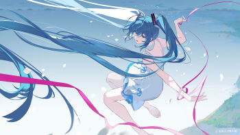 1girl absurdres bare_arms barefoot blue_dress blue_eyes blue_hair dress floating_hair hair_ornament hatsune_miku highres lake long_hair long_ribbon mountainous_horizon petals ribbon signature sleeveless sleeveless_dress solo su_ran_(bilibili_18604428) twintails very_long_hair vocaloid white_dress