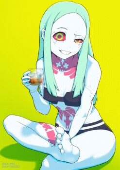 1girl aiou_akahiko barefoot colored_sclera colored_skin cyberpunk:_edgerunners cyberpunk_(series) feet glass green_background green_eyes green_hair grin long_hair looking_at_viewer rebecca_(cyberpunk) red_sclera smile soles toes