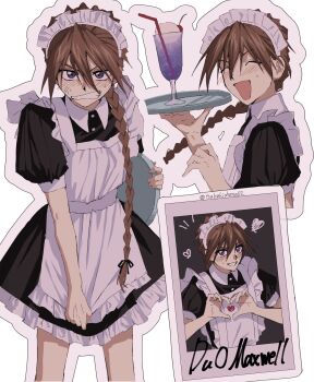 Rule 34 | 1boy, ^ ^, anger vein, apron, black dress, blue eyes, blush, braid, brown hair, character name, cherry, clenched teeth, closed eyes, collared dress, commentary request, crossdressing, crossdressing (mtf), cup, dress, dress tug, drinking straw, duo maxwell, feet out of frame, food, frilled dress, frilled sleeves, frills, fruit, gundam, gundam wing, hair between eyes, heart, heart hands, highres, holding, holding plate, ice cream, ice cream float, juliet sleeves, long hair, long sleeves, looking at viewer, maid, maid apron, maid headdress, male maid, multiple views, nervous sweating, open mouth, plate, puffy sleeves, single braid, smile, standing, sweat, teeth, tsubakiohana02, very long hair, whipped cream, white apron, wing collar