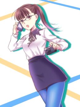 1girl black_hair blue_pantyhose blunt_bangs blush breasts cowboy_shot dress_shirt dutch_angle glasses grey_neckerchief high_ponytail highres holding holding_phone long_hair long_sleeves looking_at_viewer neckerchief nishijou_myu occultic;nine pantyhose pencil_skirt phone ponytail science_adventure shirt skirt smile solo standing sumikaze_touko white_shirt